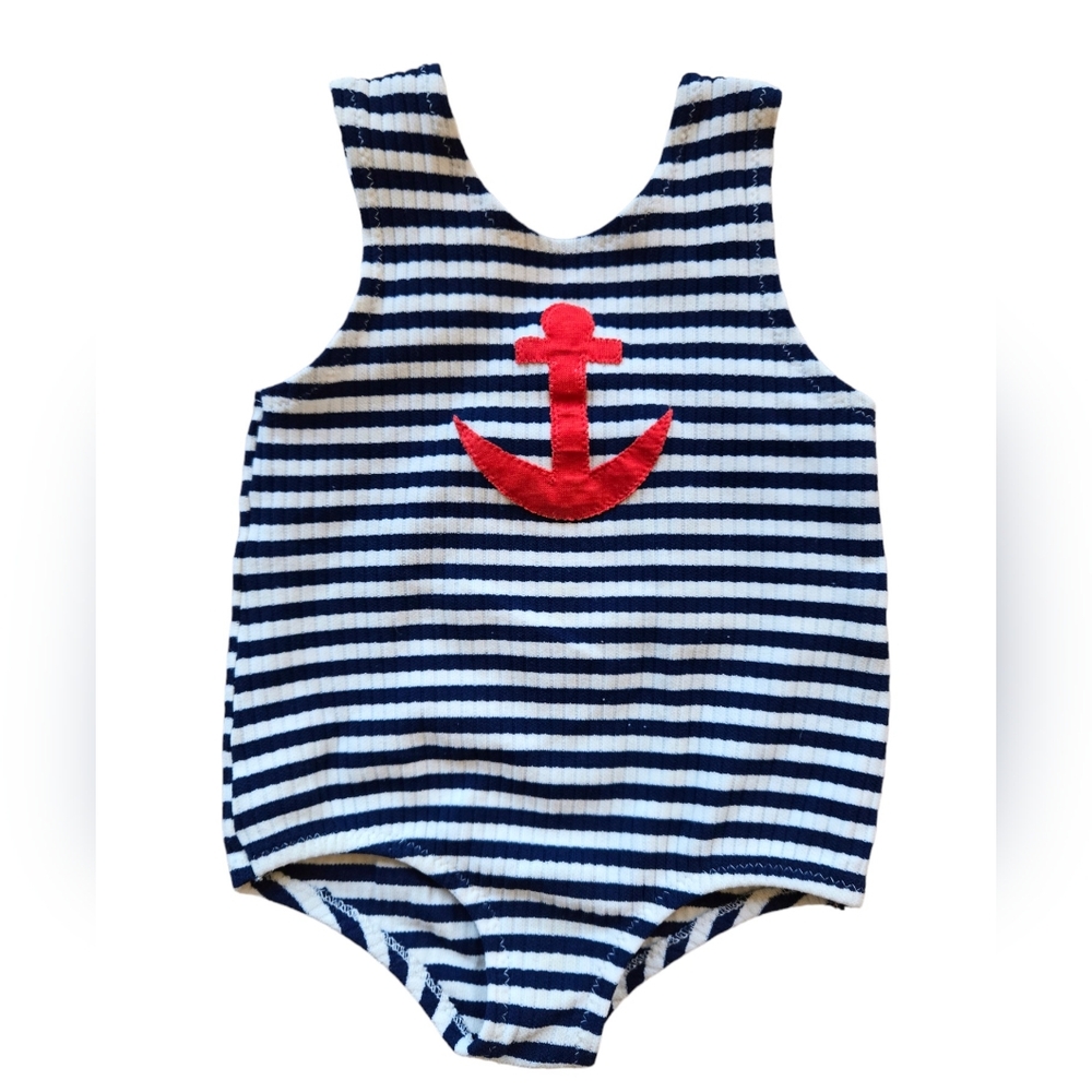 Vintage 1980s-1990s Carter's nautical red, navy blue/white striped swimsuit